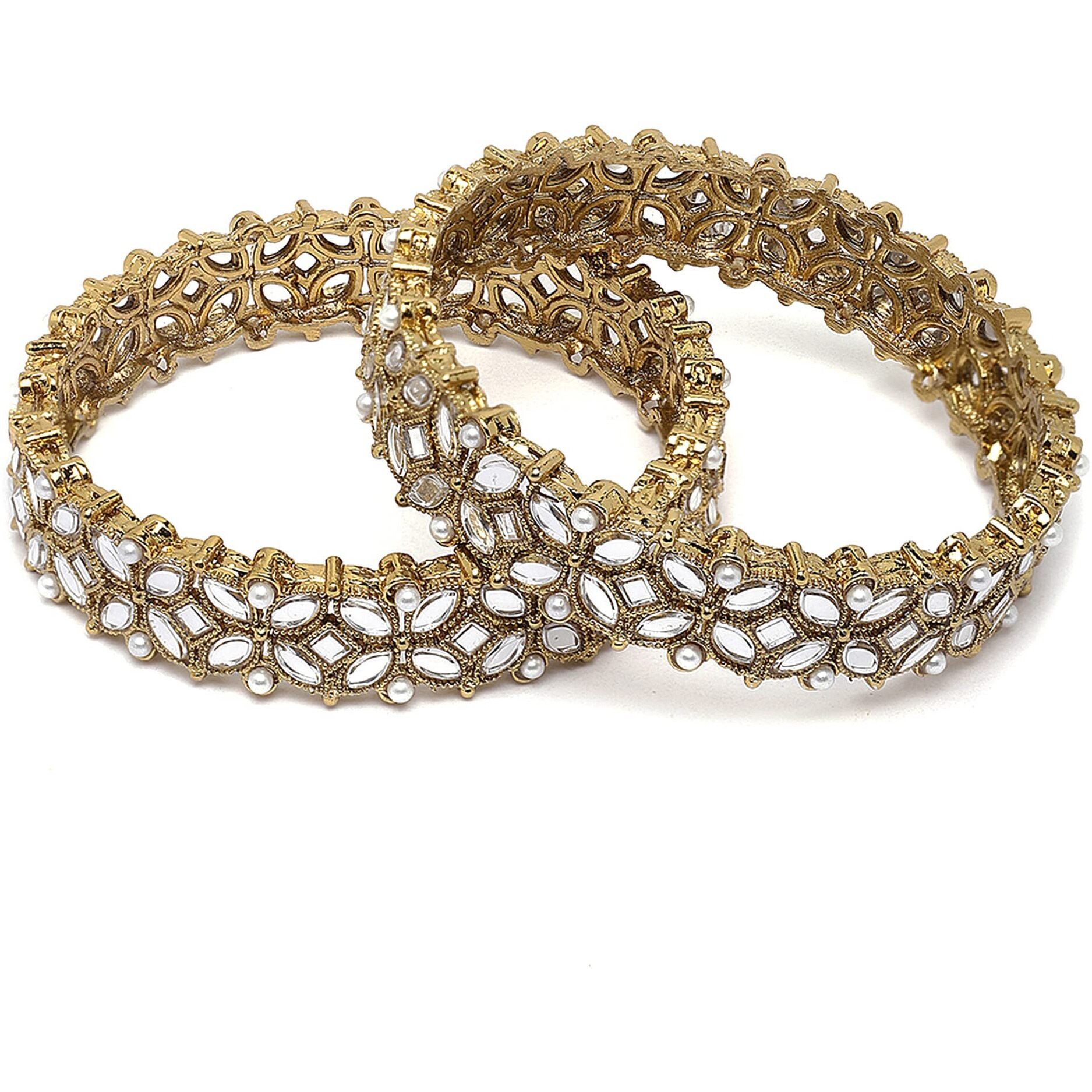 ZENEME Gold-Plated White Kundan studded Designer Floral Style Bangles Jewellery Set for Girls and Women (Set Of 2) (2.8)