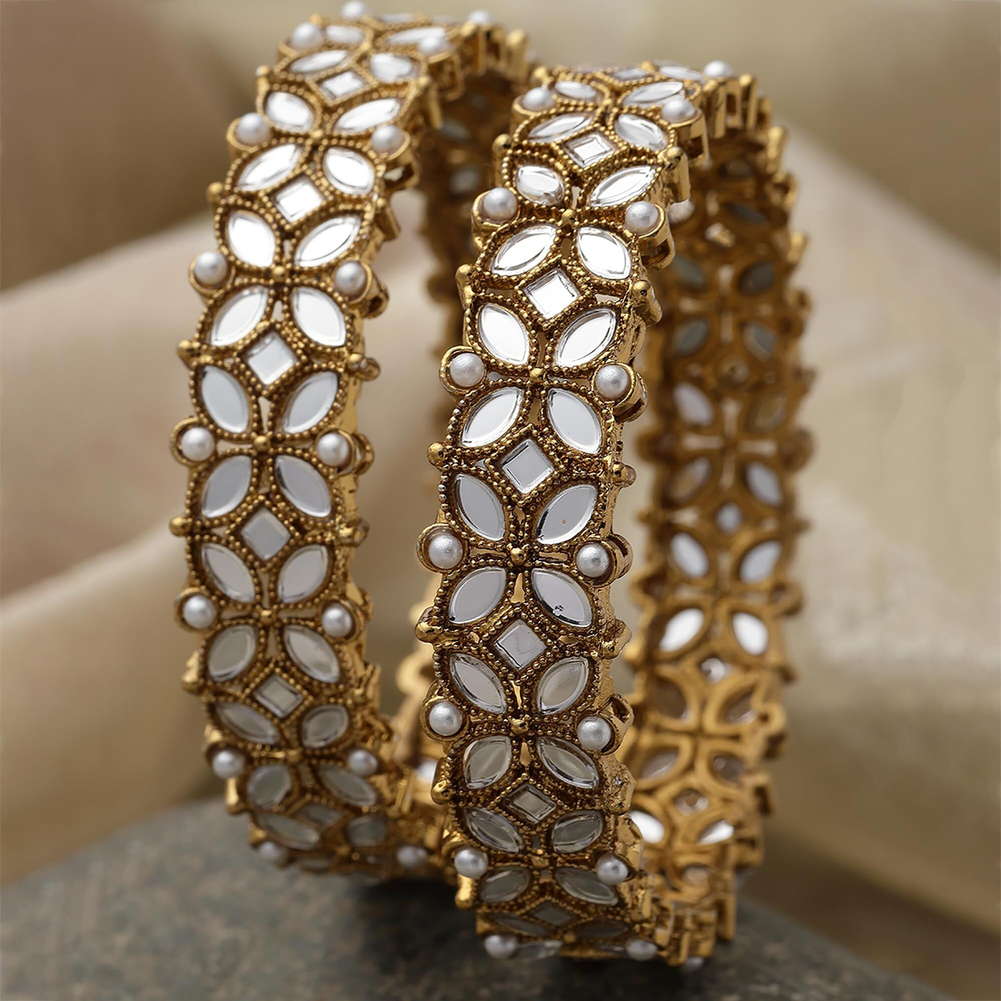 ZENEME Gold-Plated White Kundan studded Designer Floral Style Bangles Jewellery Set for Girls and Women (Set Of 2) (2.8)