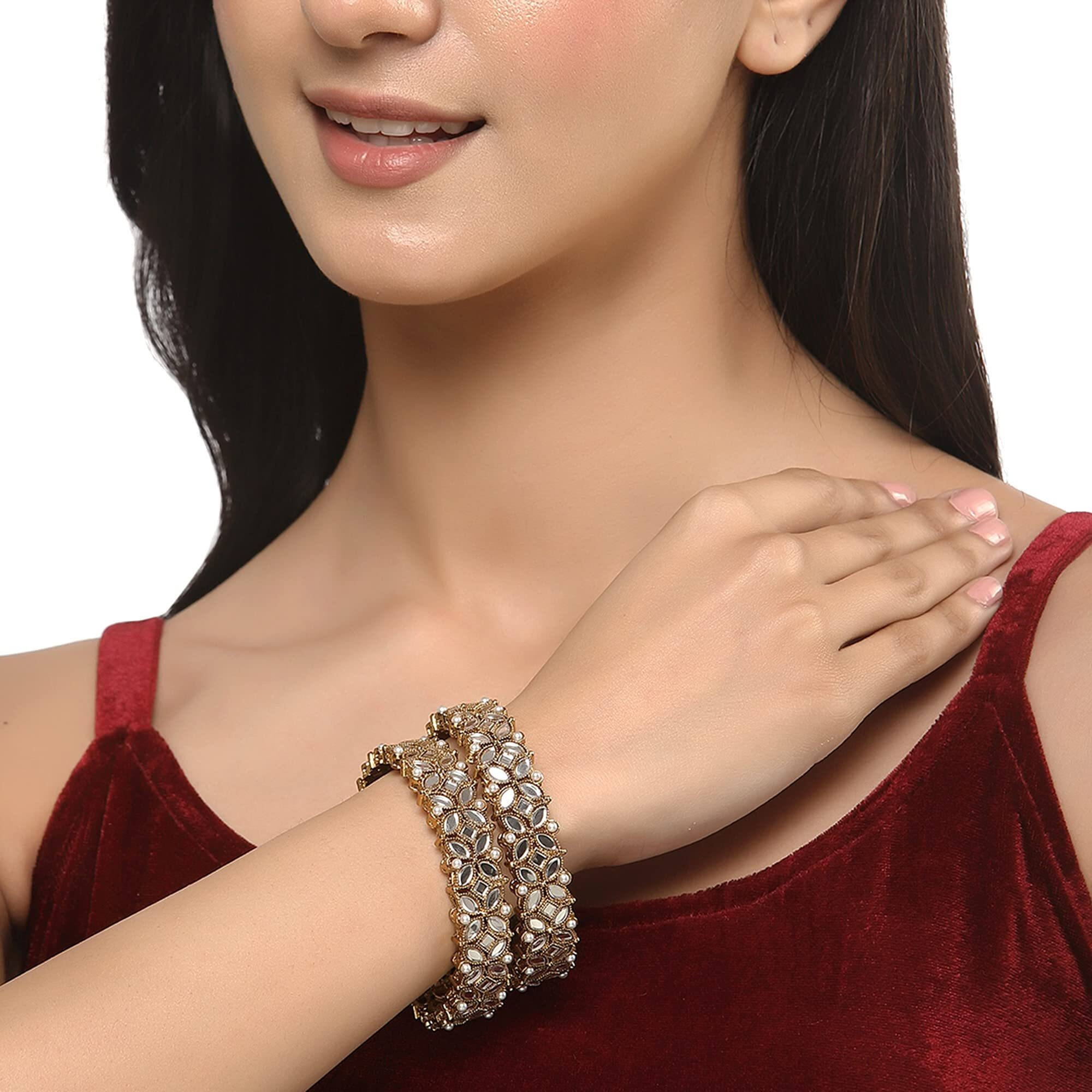 ZENEME Gold-Plated White Kundan studded Designer Floral Style Bangles Jewellery Set for Girls and Women (Set Of 2) (2.8)