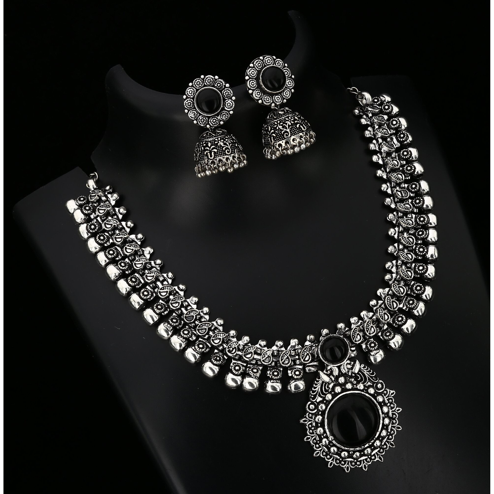 Sasitrends Oxidised German Silver Necklace with Jumki for Women and Girls (Maroon)