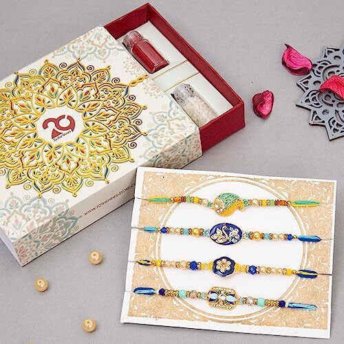 To The Nines Rakhi for Brother with Tilak Material & Greeting Card - Pack of 4 Rakhi