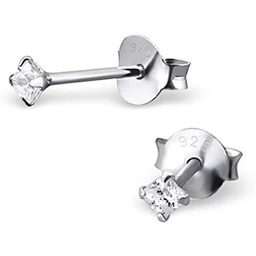 Abhooshan 925 Sterling Silver Pair of Square Princess Cut Single White Cubic Zirconia (CZ) Stone Solitaire Piercing Stud Earrings For Girls Women Men & Boys (2)