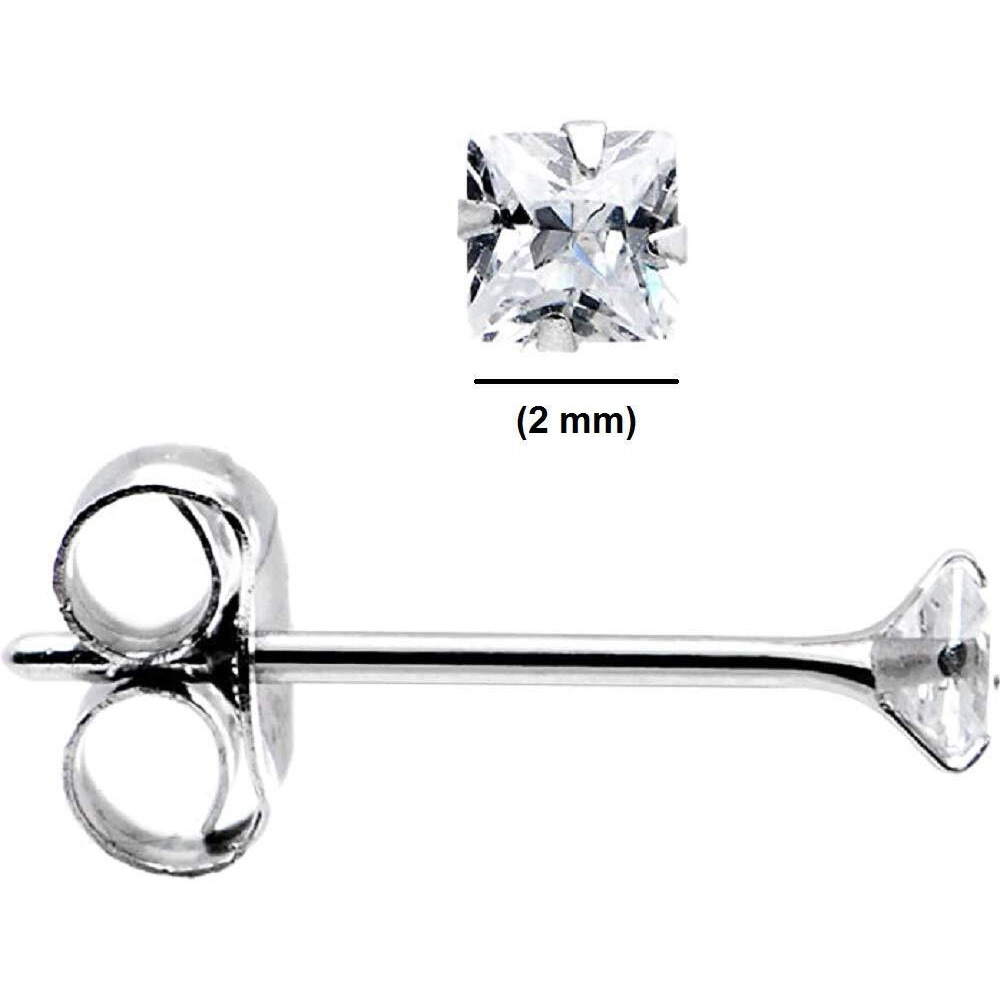 Abhooshan 925 Sterling Silver Pair of Square Princess Cut Single White Cubic Zirconia (CZ) Stone Solitaire Piercing Stud Earrings For Girls Women Men & Boys (2)