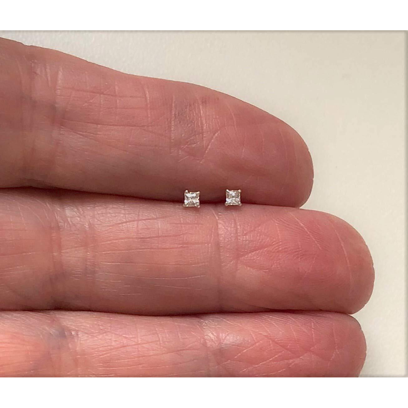 Abhooshan 925 Sterling Silver Pair of Square Princess Cut Single White Cubic Zirconia (CZ) Stone Solitaire Piercing Stud Earrings For Girls Women Men & Boys (2)