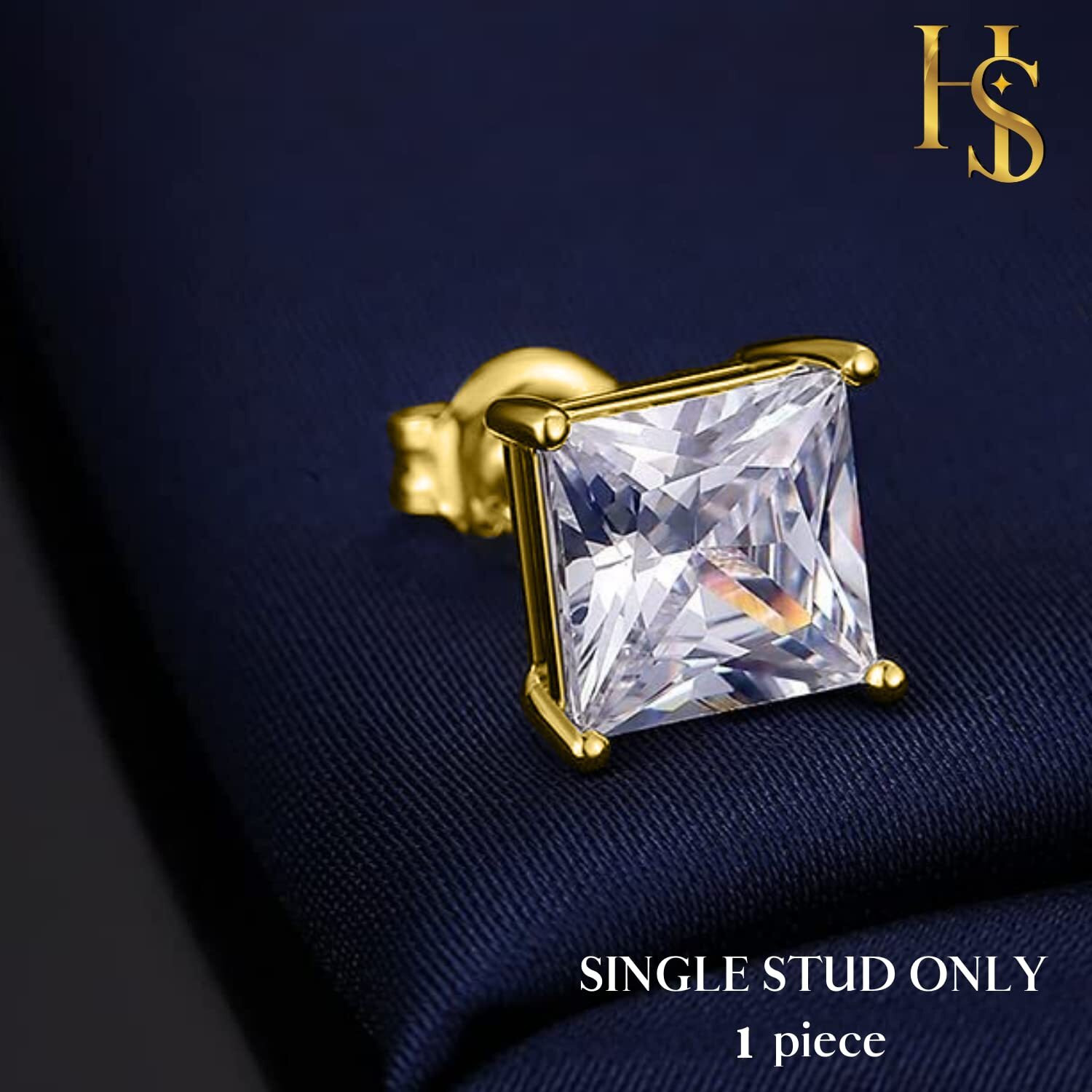 HIGHSPARK 925 Silver Mens Square Solitaire Stud Earring | 92.5 Sterling Silver and Diamond like Brilliance Sparkling Zirconia | Single Stud for Men | Lovely Gift - Gold 6mm