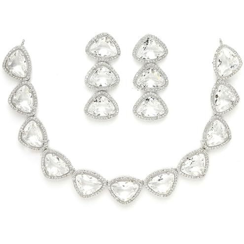 ZENEME Rhodium Plated Silver Toned Triangular Shaped American Diamond Studded Jewellery Set For Women and Girl (White_Design_01)