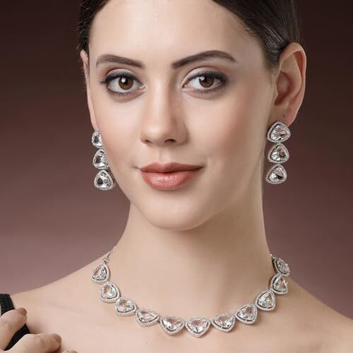 ZENEME Rhodium Plated Silver Toned Triangular Shaped American Diamond Studded Jewellery Set For Women and Girl (White_Design_01)