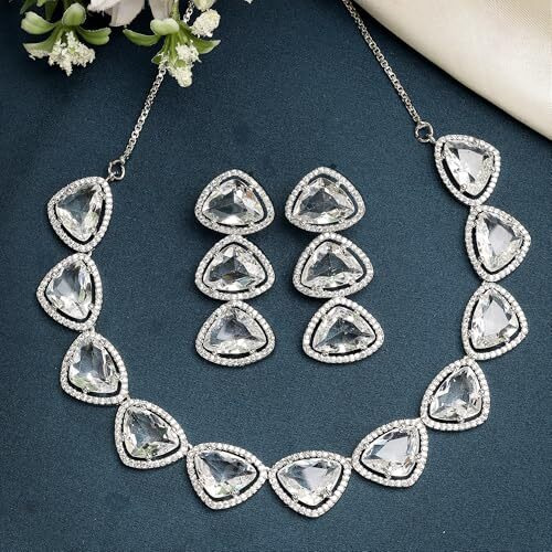 ZENEME Rhodium Plated Silver Toned Triangular Shaped American Diamond Studded Jewellery Set For Women and Girl (White_Design_01)