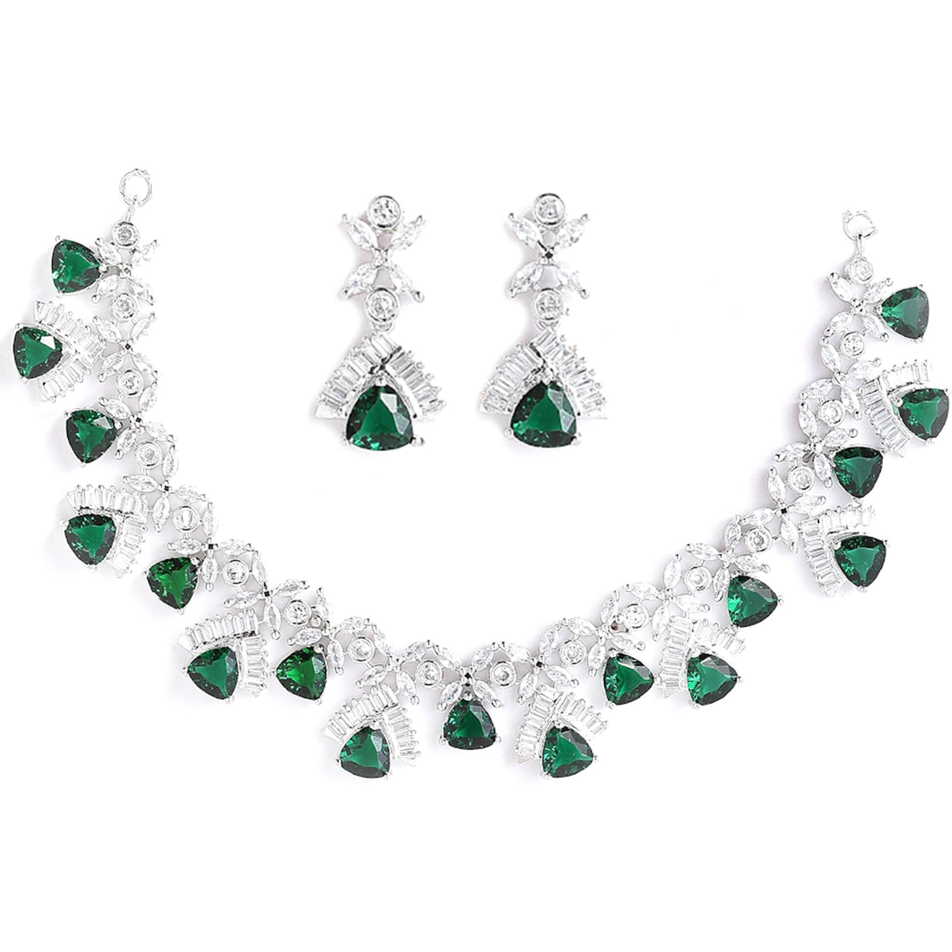 ZENEME Rhodium Plated Contemporary Design White and Pink American Diamond Studded Triangular Necklace With Earring Fashion Jewellery Set For Girls and Women (Green)