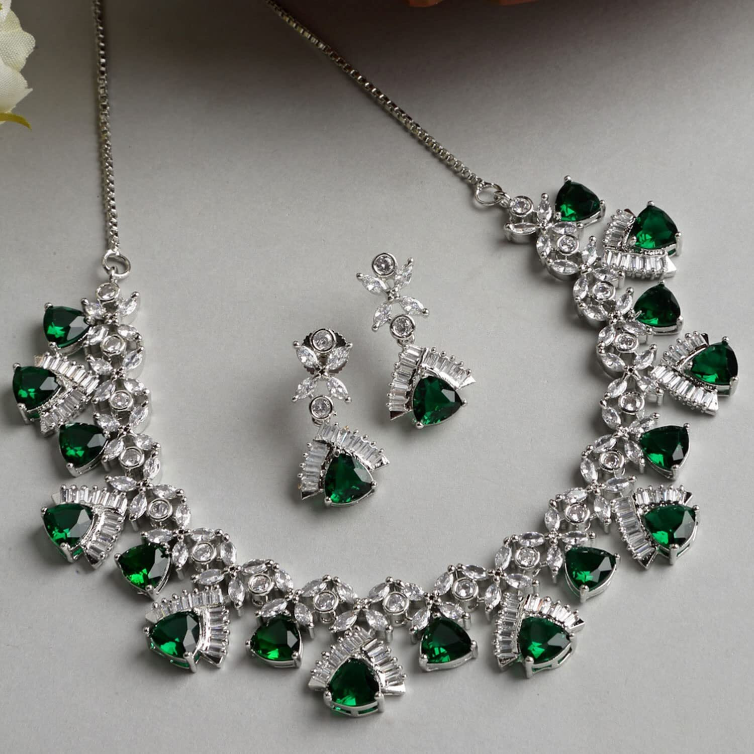 ZENEME Rhodium Plated Contemporary Design White and Pink American Diamond Studded Triangular Necklace With Earring Fashion Jewellery Set For Girls and Women (Green)