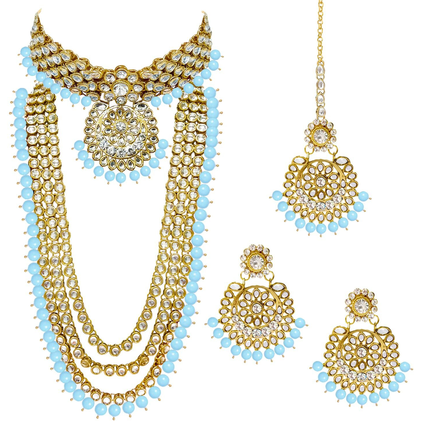 Peora 18K Gold Plated Kundan Faux Bead Bridal Necklace Jewellery Set for Women Girls (Sky Blue)