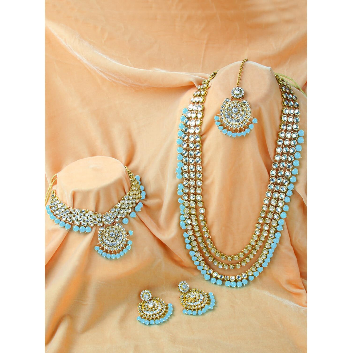 Peora 18K Gold Plated Kundan Faux Bead Bridal Necklace Jewellery Set for Women Girls (Sky Blue)