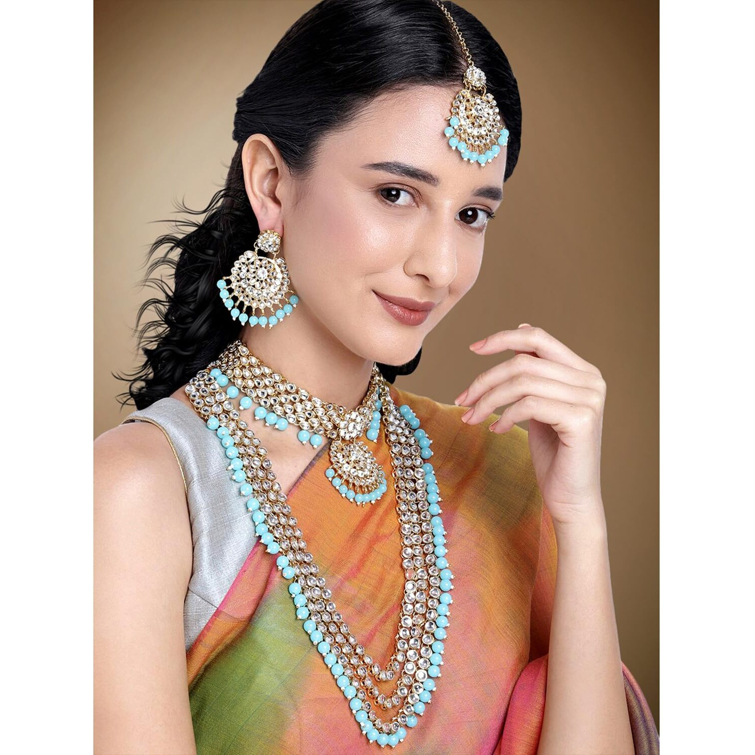 Peora 18K Gold Plated Kundan Faux Bead Bridal Necklace Jewellery Set for Women Girls (Sky Blue)