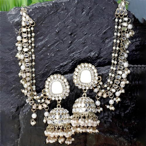ZENEME Traditional Stylish Gold Plated Polki & Pearl Bahubali Jhumki Jhumka Earrings Jewellery For Girls And Women (Design 2)