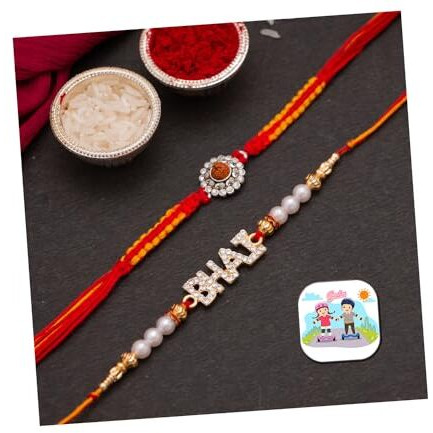 CraftVatika Silver Rakhi for Brother Bhaiya Rakhi Set of 2 for Bhai Boy Kids - Rudraksh Silver Rakhi Combo Rakshabandhan Rakhi, Fridge Magnet for Door Decor