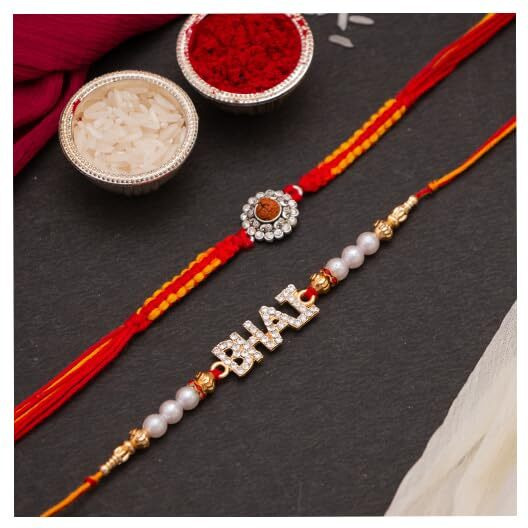 CraftVatika Silver Rakhi for Brother Bhaiya Rakhi Set of 2 for Bhai Boy Kids - Rudraksh Silver Rakhi Combo Rakshabandhan Rakhi, Fridge Magnet for Door Decor