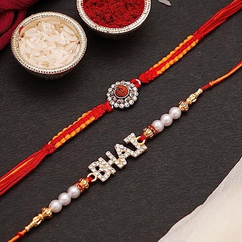 CraftVatika Silver Rakhi for Brother Bhaiya Rakhi Set of 2 for Bhai Boy Kids - Rudraksh Silver Rakhi Combo Rakshabandhan Rakhi, Fridge Magnet for Door Decor