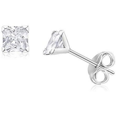 Abhooshan 925 Sterling Silver Pair of Square Princess Cut Single White Cubic Zirconia (CZ) Stone Solitaire Piercing Stud Earrings For Girls Women Men & Boys (4)