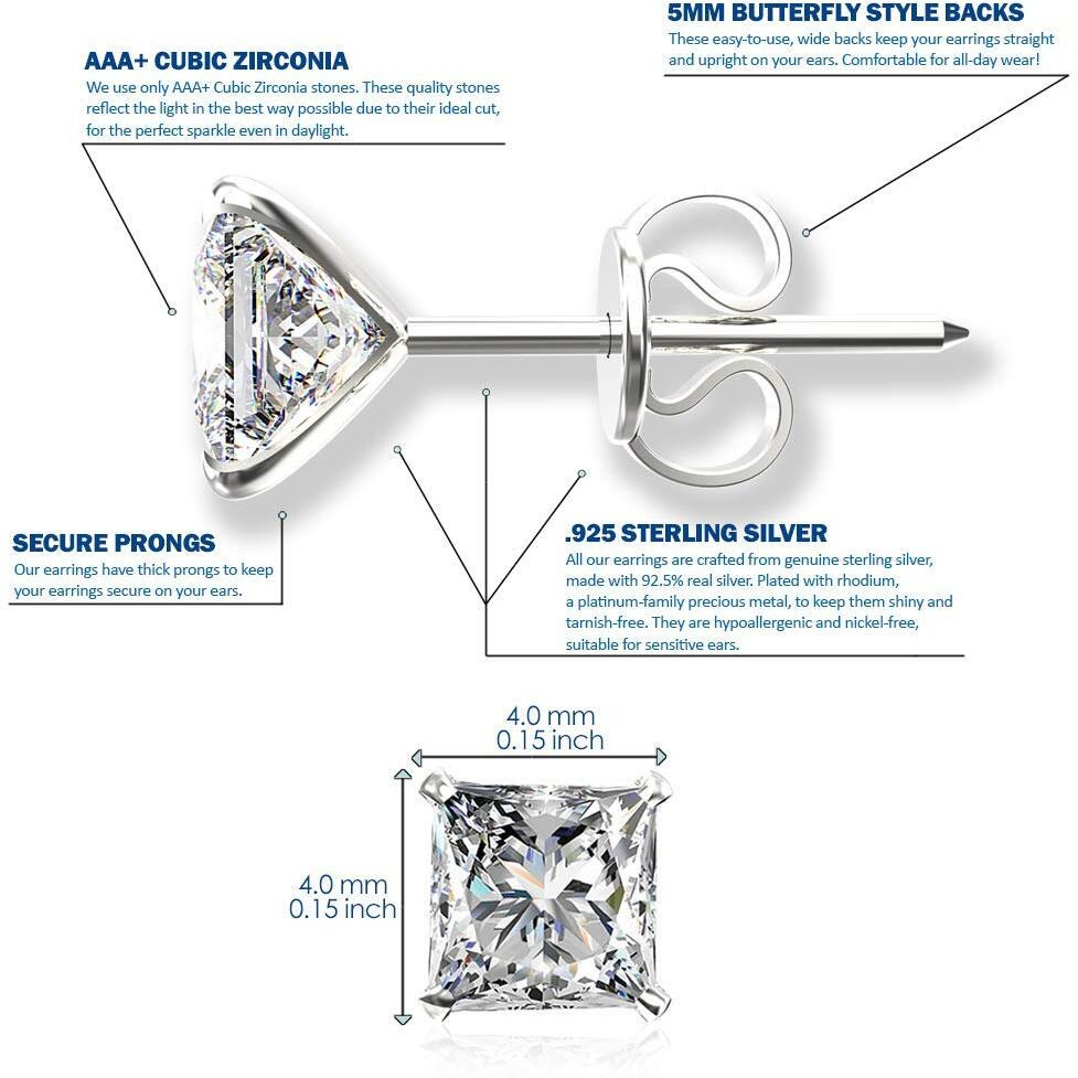Abhooshan 925 Sterling Silver Pair of Square Princess Cut Single White Cubic Zirconia (CZ) Stone Solitaire Piercing Stud Earrings For Girls Women Men & Boys (4)