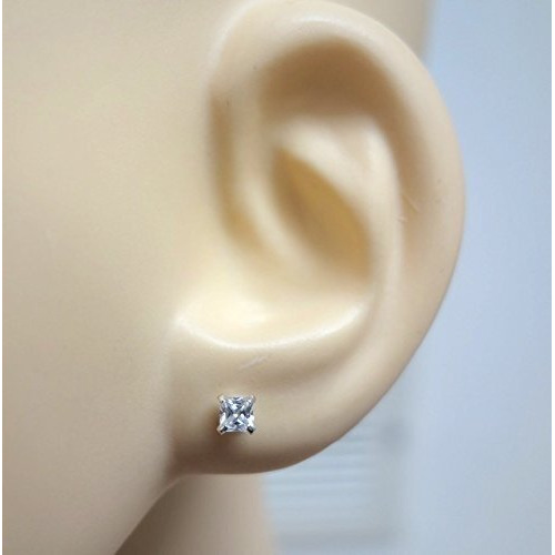 Abhooshan 925 Sterling Silver Pair of Square Princess Cut Single White Cubic Zirconia (CZ) Stone Solitaire Piercing Stud Earrings For Girls Women Men & Boys (3)