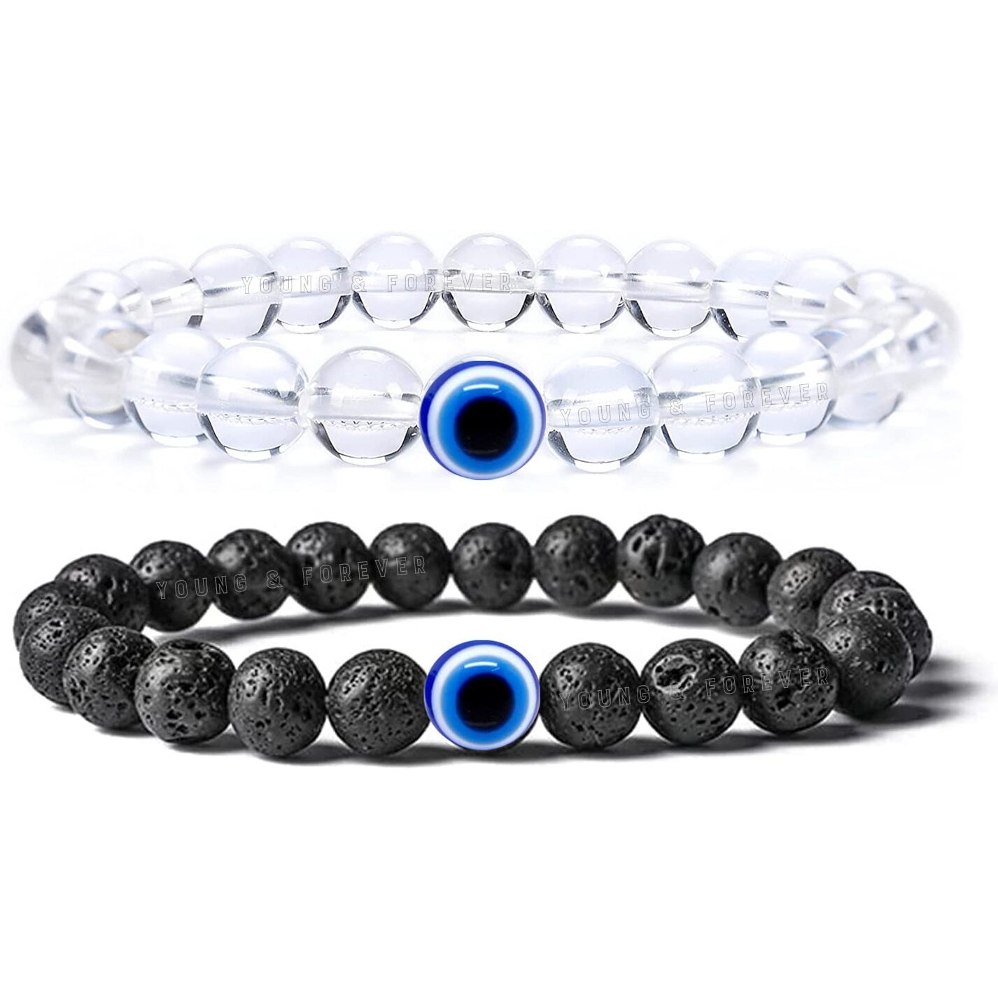 Young & Forever Valentine Gift For Girlfriend Boyfriend Evil Eye Bracelet Beaded Bracelets Diffuser Lava & Clear Quartz Beads Bracelet Long Distance Relationships Bracelets Set Of 2