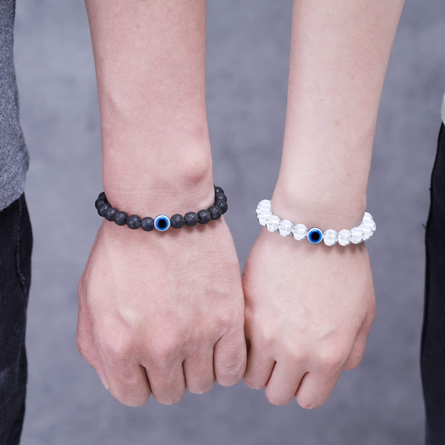 Young & Forever Valentine Gift For Girlfriend Boyfriend Evil Eye Bracelet Beaded Bracelets Diffuser Lava & Clear Quartz Beads Bracelet Long Distance Relationships Bracelets Set Of 2