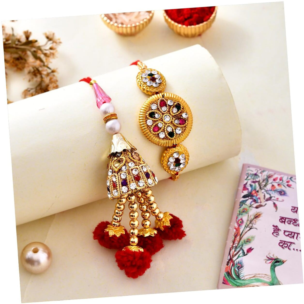 CraftVatika Rakhi For Brother and Bhabhi I Couple Lumba Rakhi Set of 2 for Rakshabandhan I Rakhi Combo Pair, Kundan Rakhi For Men,Bhai,Women Girls