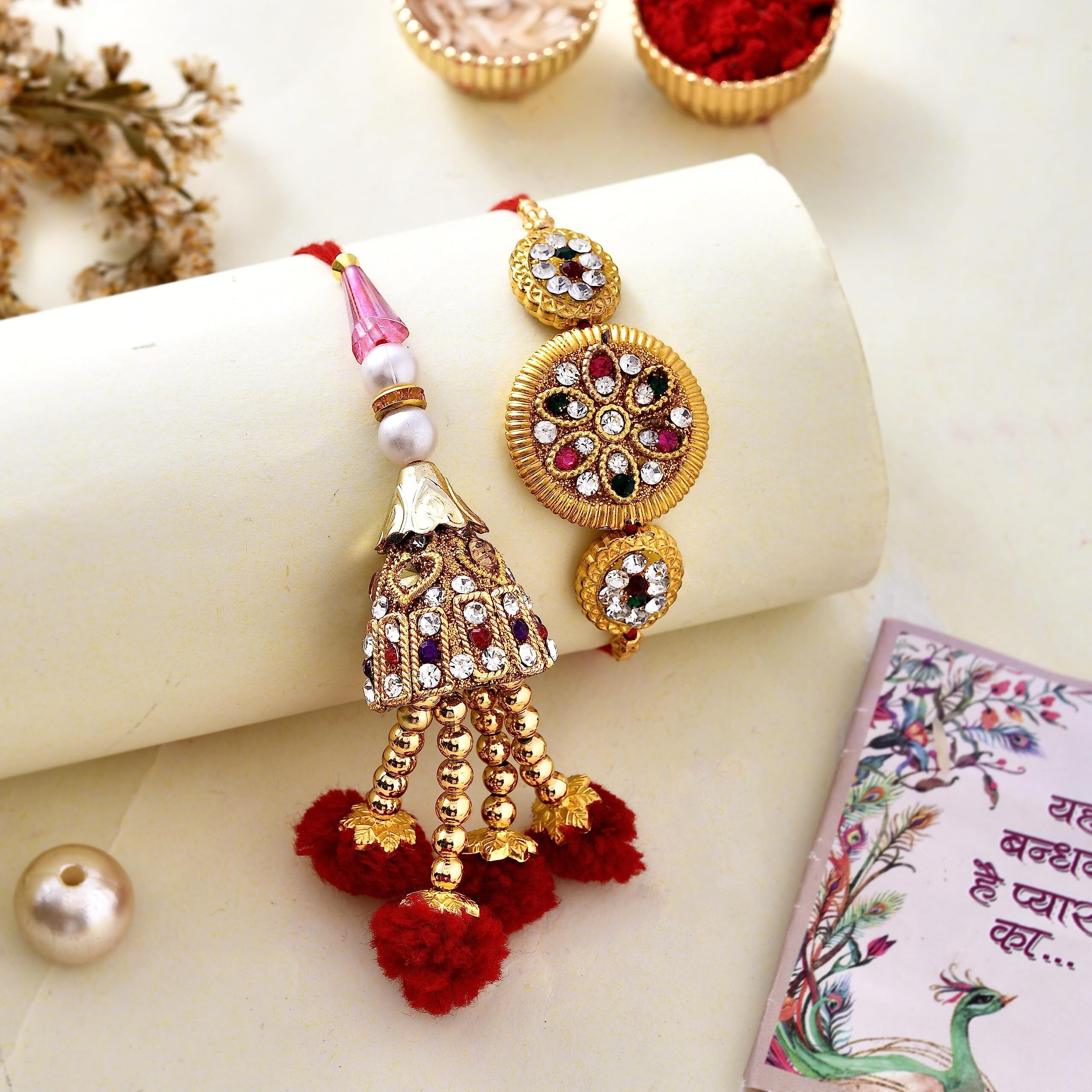 CraftVatika Rakhi For Brother and Bhabhi I Couple Lumba Rakhi Set of 2 for Rakshabandhan I Rakhi Combo Pair, Kundan Rakhi For Men,Bhai,Women Girls