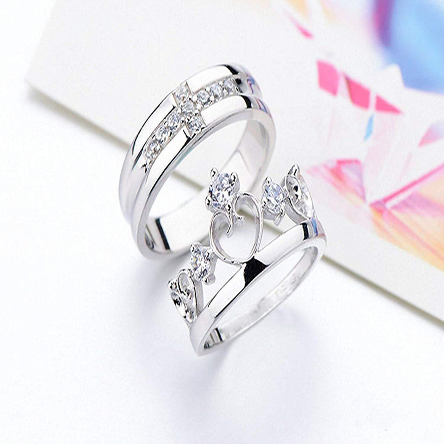 Mahi Valentine Gift Proposal Cross and Crown Couple Ring Set with Cubic Zirconia for Men & Women (FRCO1103032RC)