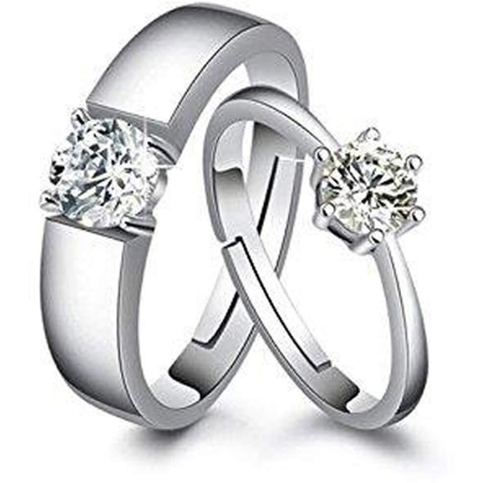 karatcart Platinum Plated Elegant Silver Crystal Couple Adjustable Solitaire Ring for Men and Women