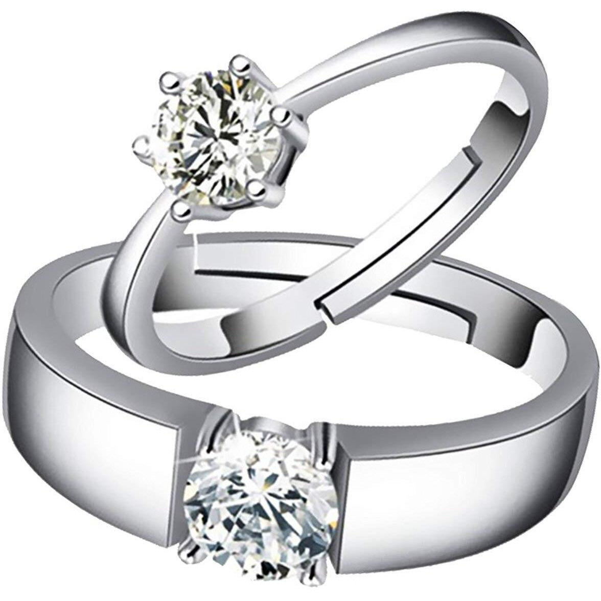 karatcart Platinum Plated Elegant Silver Crystal Couple Adjustable Solitaire Ring for Men and Women