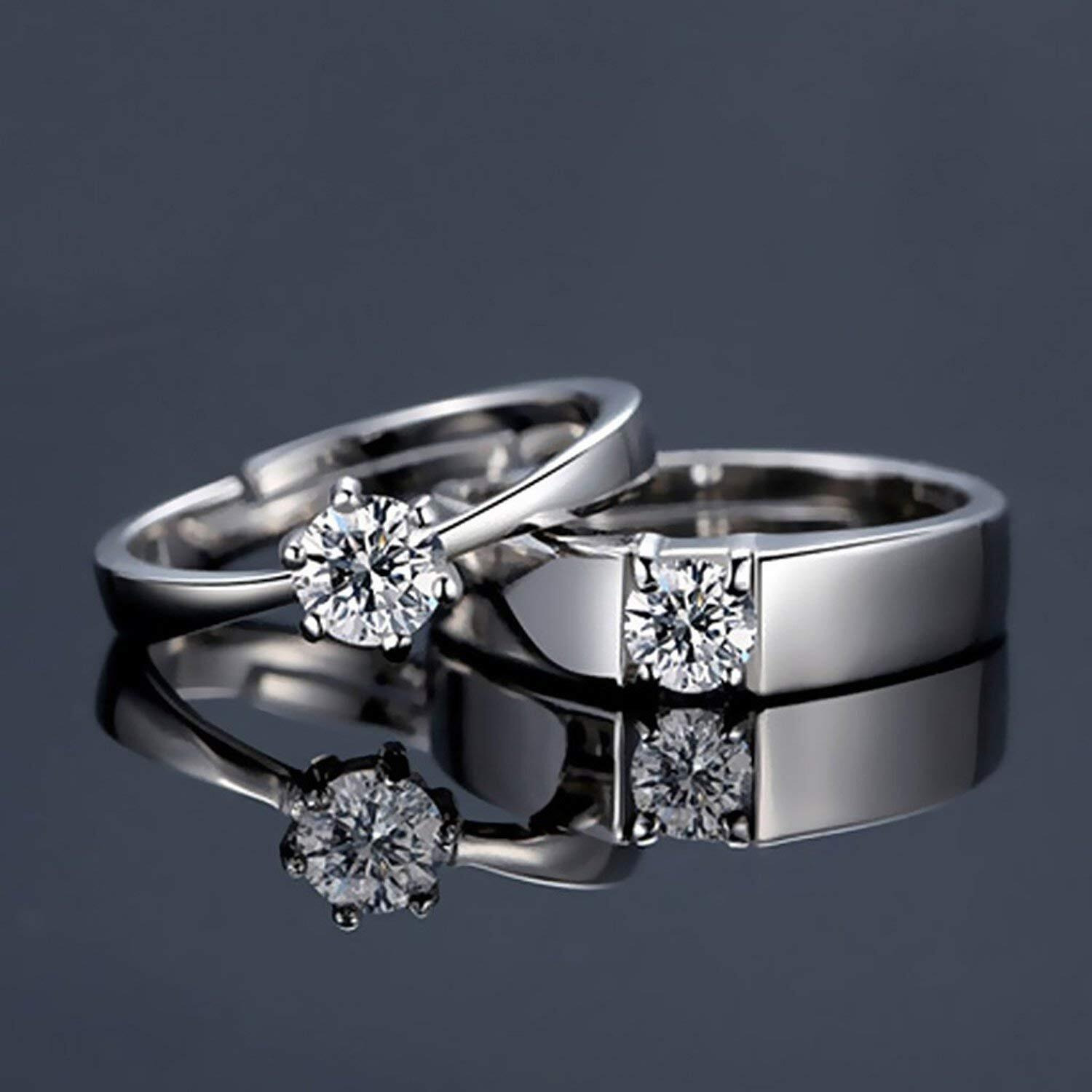 karatcart Platinum Plated Elegant Silver Crystal Couple Adjustable Solitaire Ring for Men and Women
