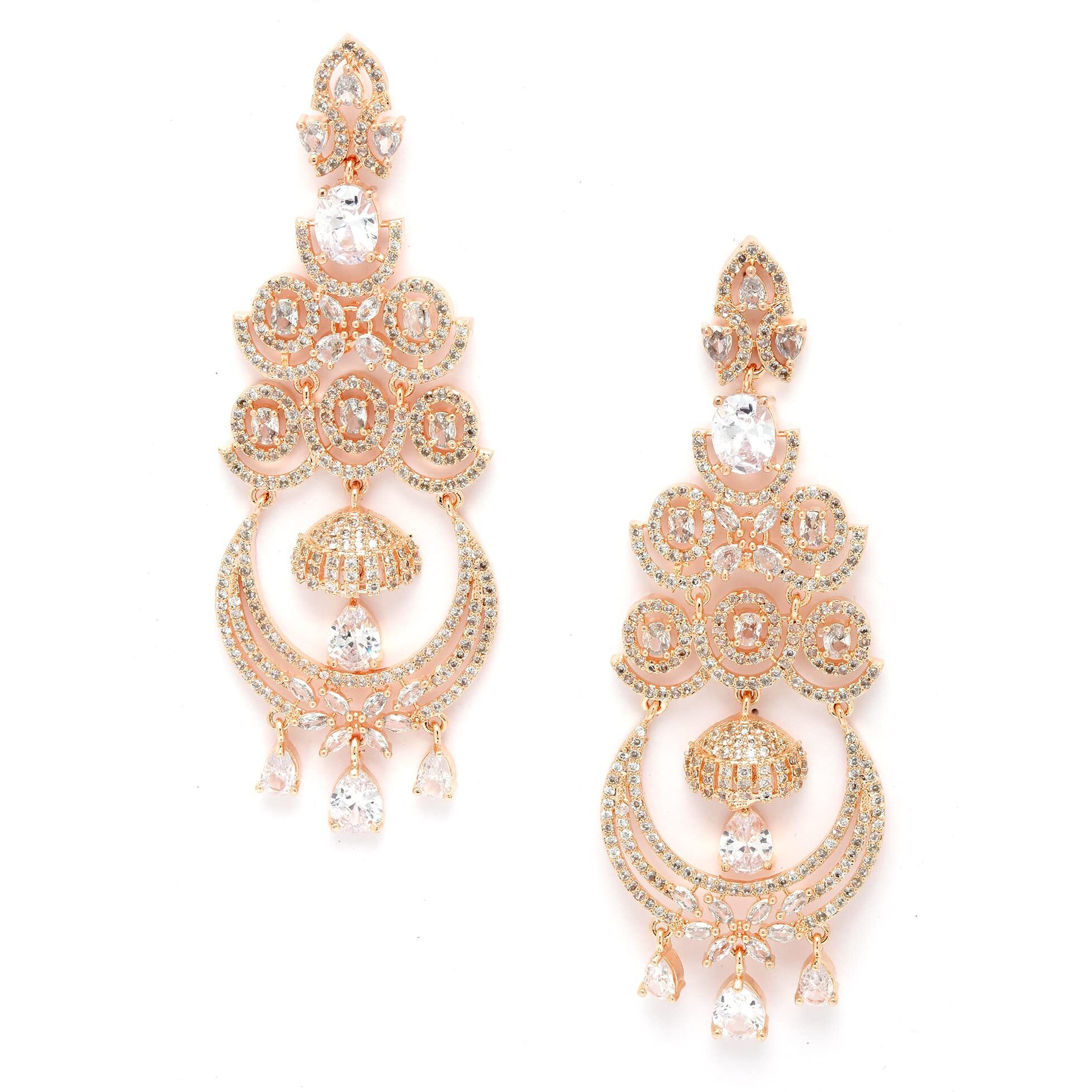 Zeneme Floral Shaped American Diamond Dangle Chandelier Earring For Women And Girls (White RoseGold)