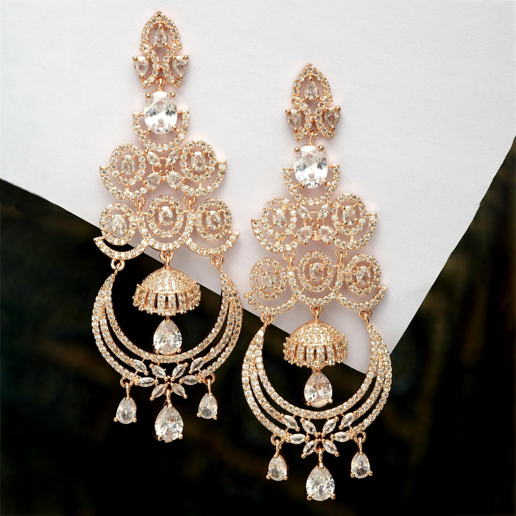 Zeneme Floral Shaped American Diamond Dangle Chandelier Earring For Women And Girls (White RoseGold)