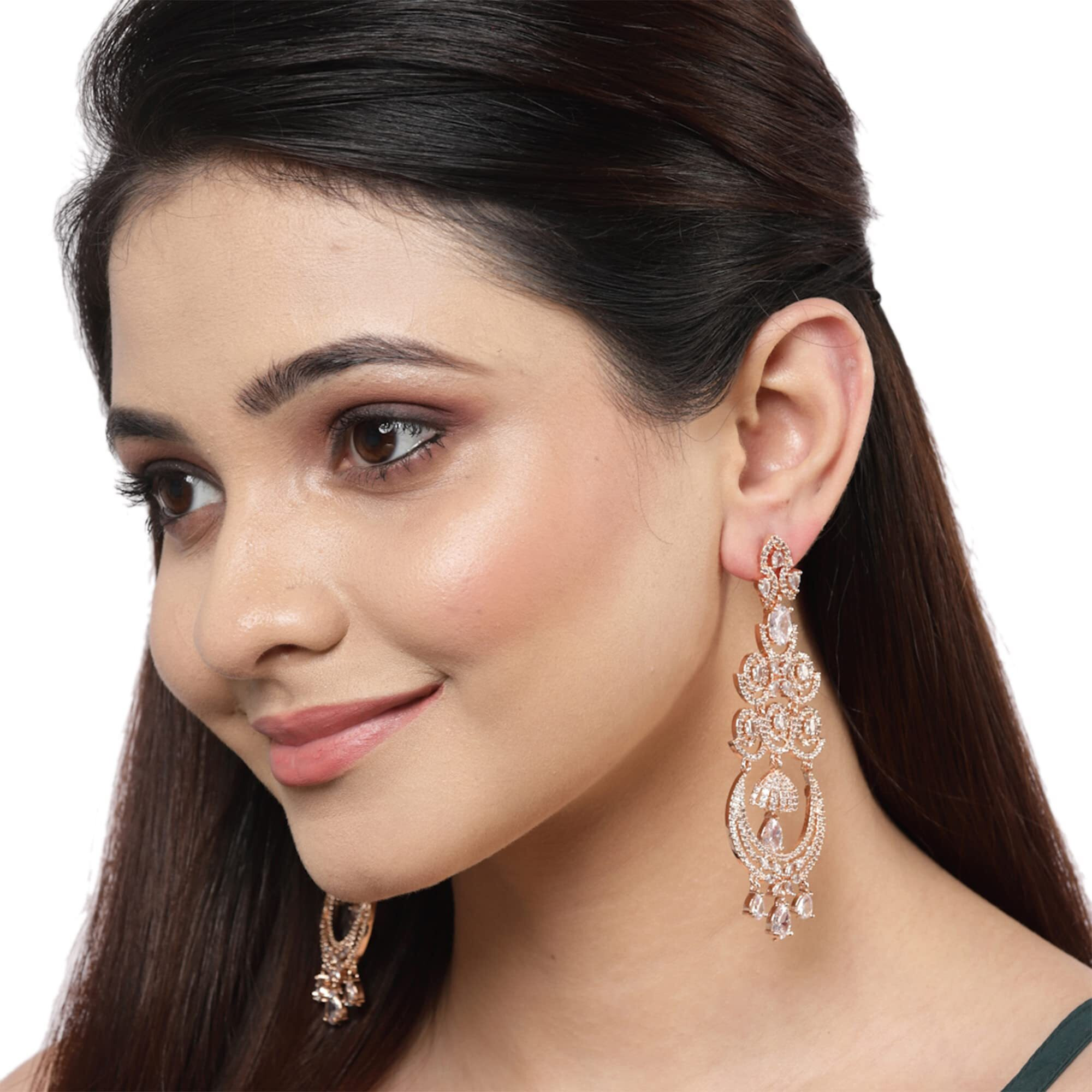 Zeneme Floral Shaped American Diamond Dangle Chandelier Earring For Women And Girls (White RoseGold)