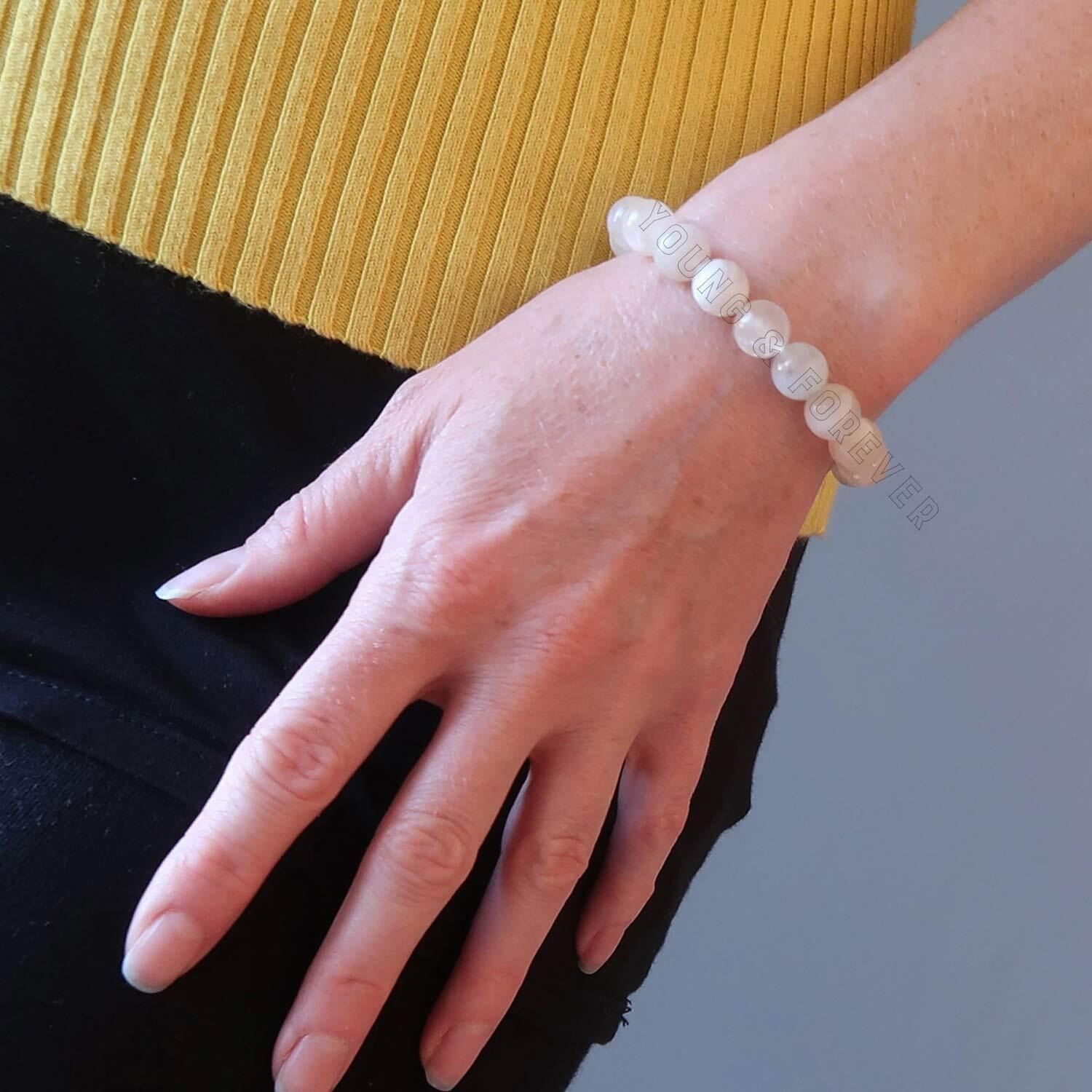 Young & Forever Gift Certified Reiki Crystal Semi Precious Gemstone Moonstone Bracelet for New Beginnings Healing Stone Stretch Bracelet for Men and Women
