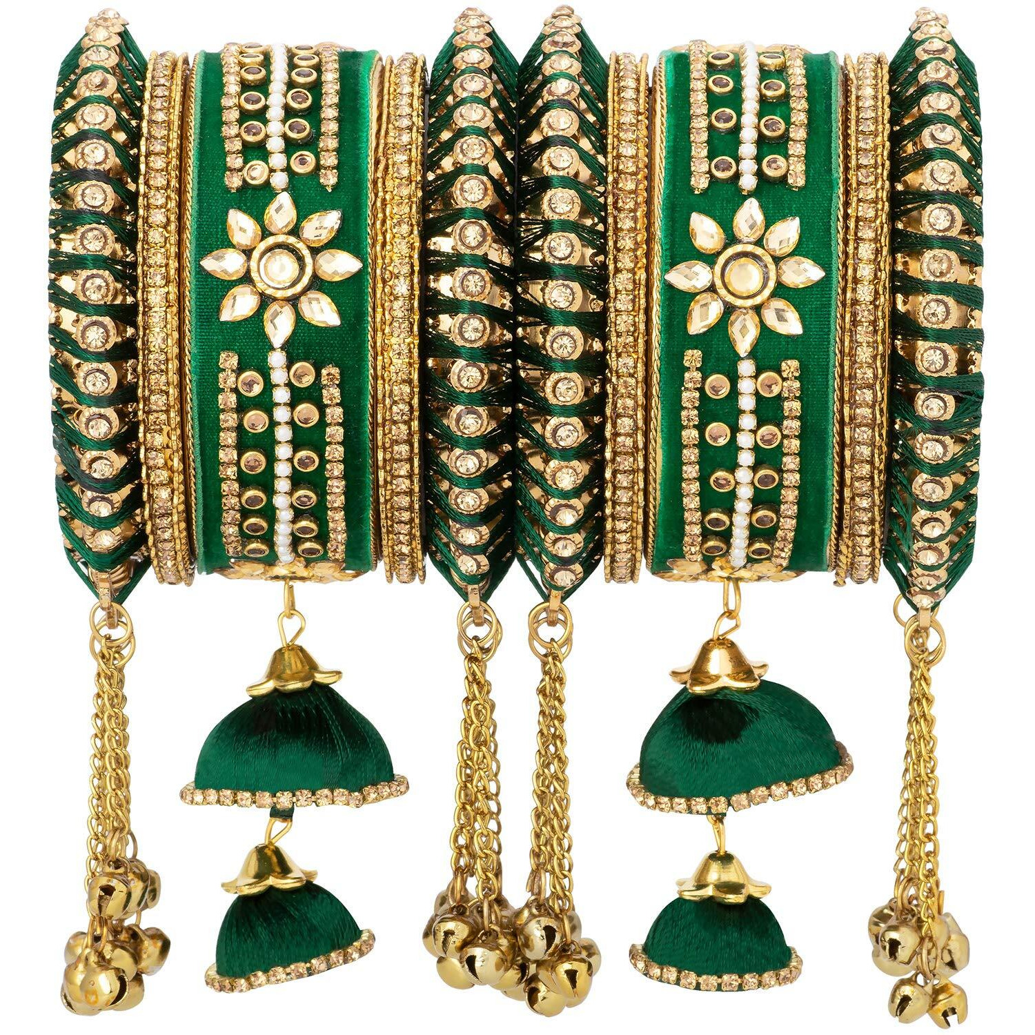 Peora Velvet Matching Kundan Floral Silk Thread Chura Bangle Set for Women (2.6 inch) (Green)