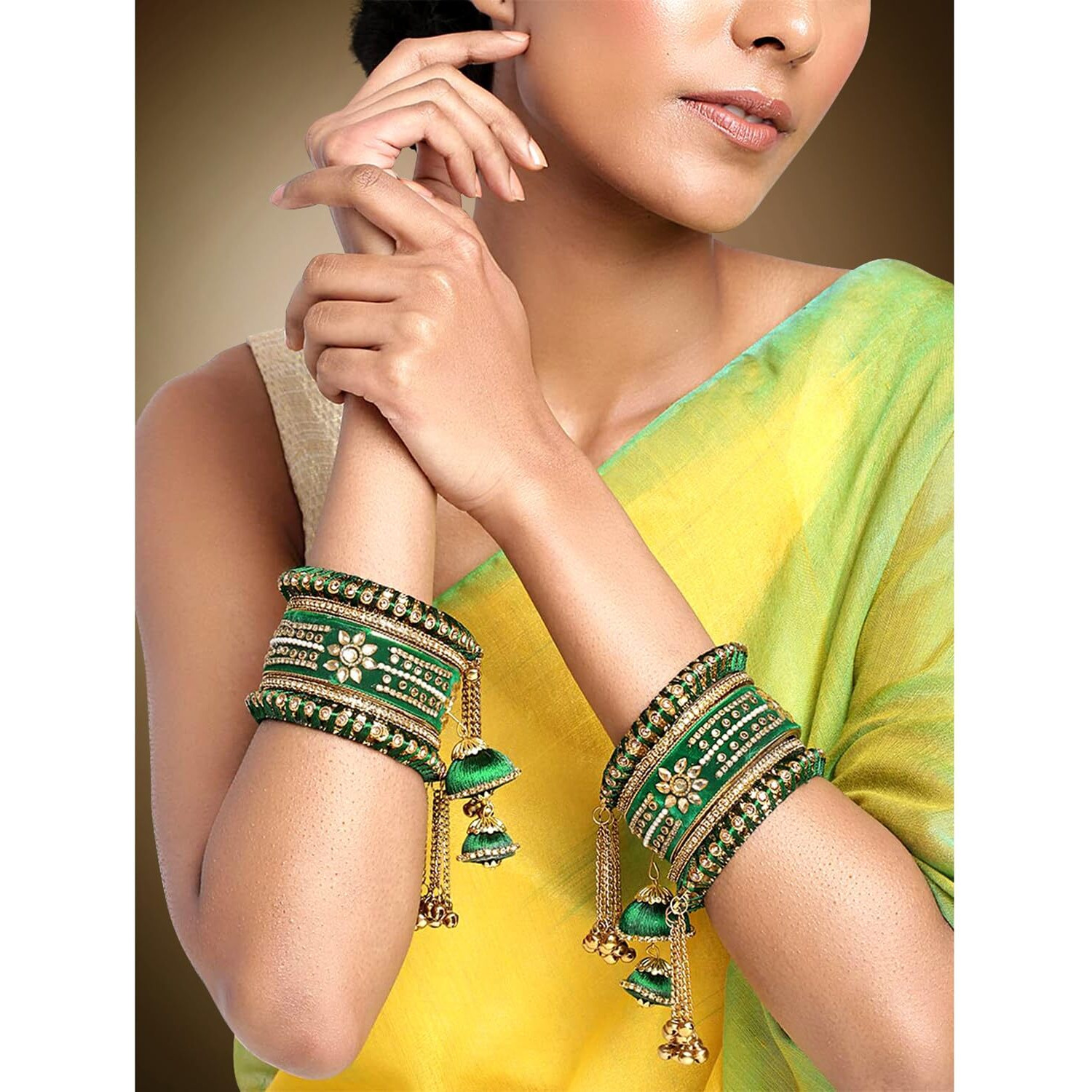 Peora Velvet Matching Kundan Floral Silk Thread Chura Bangle Set for Women (2.6 inch) (Green)