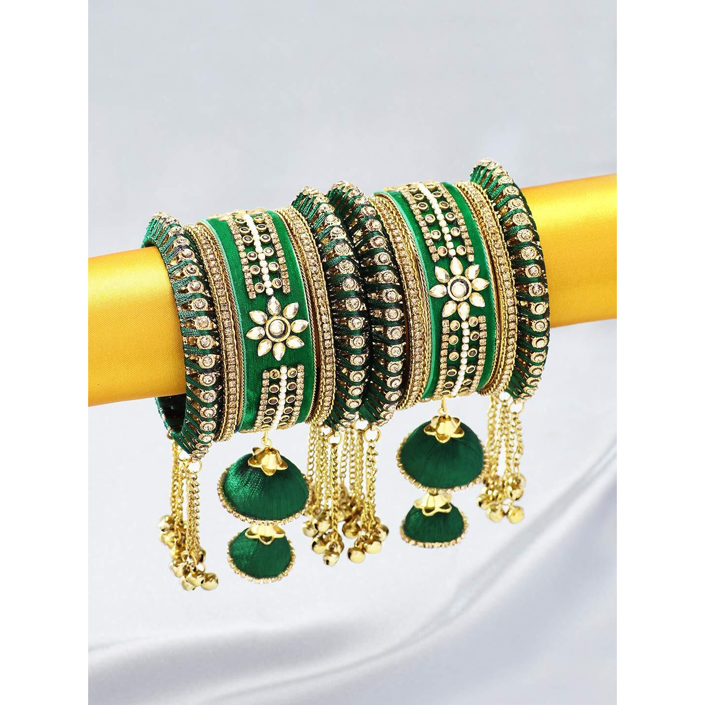 Peora Velvet Matching Kundan Floral Silk Thread Chura Bangle Set for Women (2.6 inch) (Green)