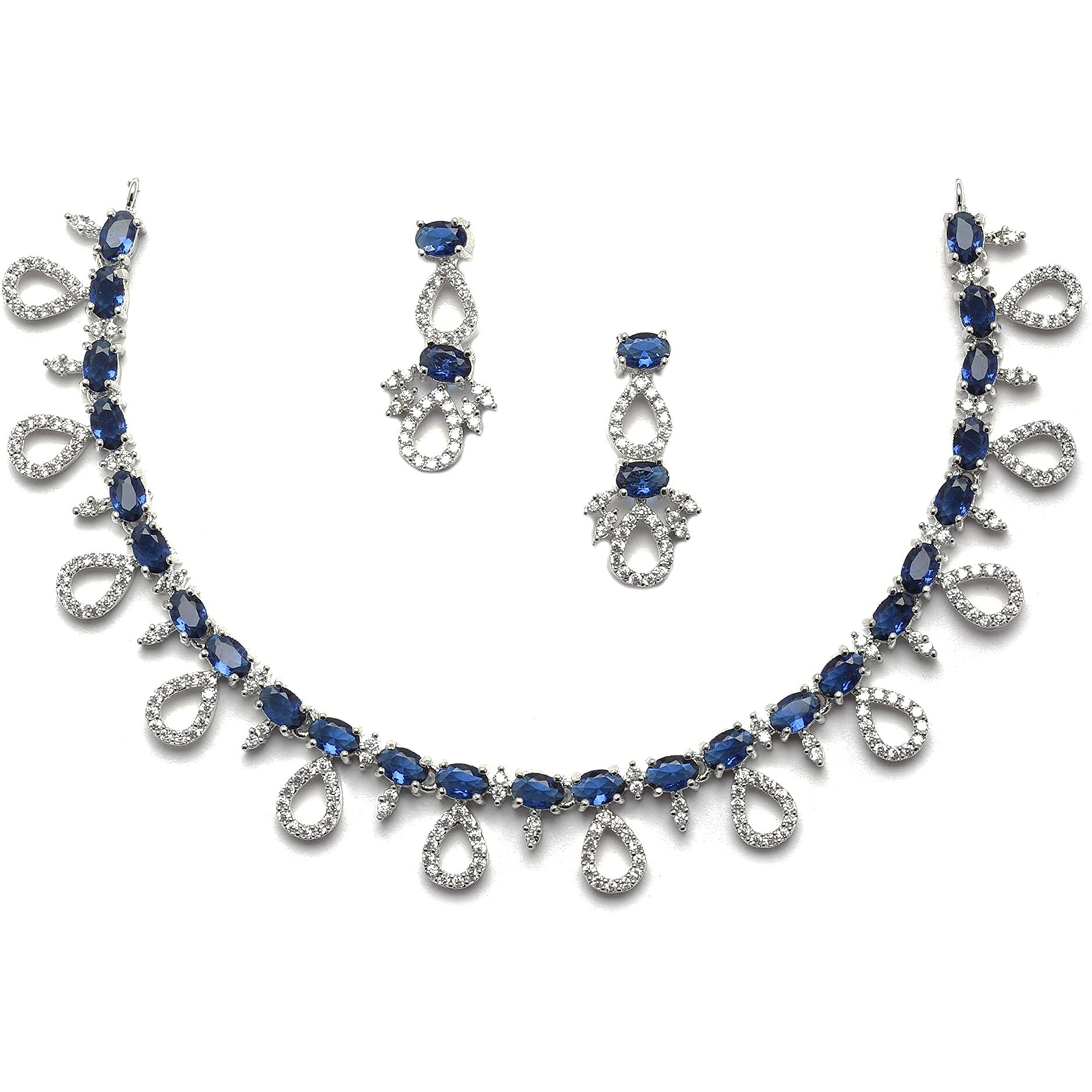 ZENEME Rhodium-Plated Silver Toned American Diamond Studded Necklace with Earrings Jewellery Set for Girls and Women (Blue)