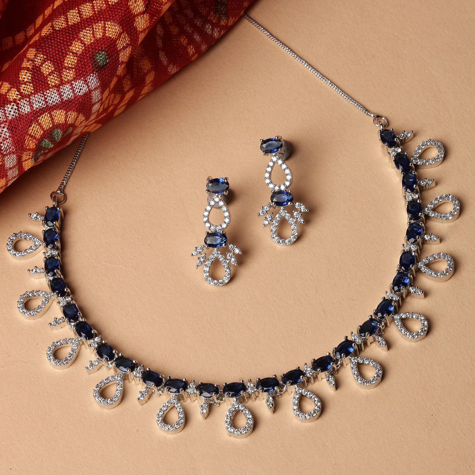 ZENEME Rhodium-Plated Silver Toned American Diamond Studded Necklace with Earrings Jewellery Set for Girls and Women (Blue)