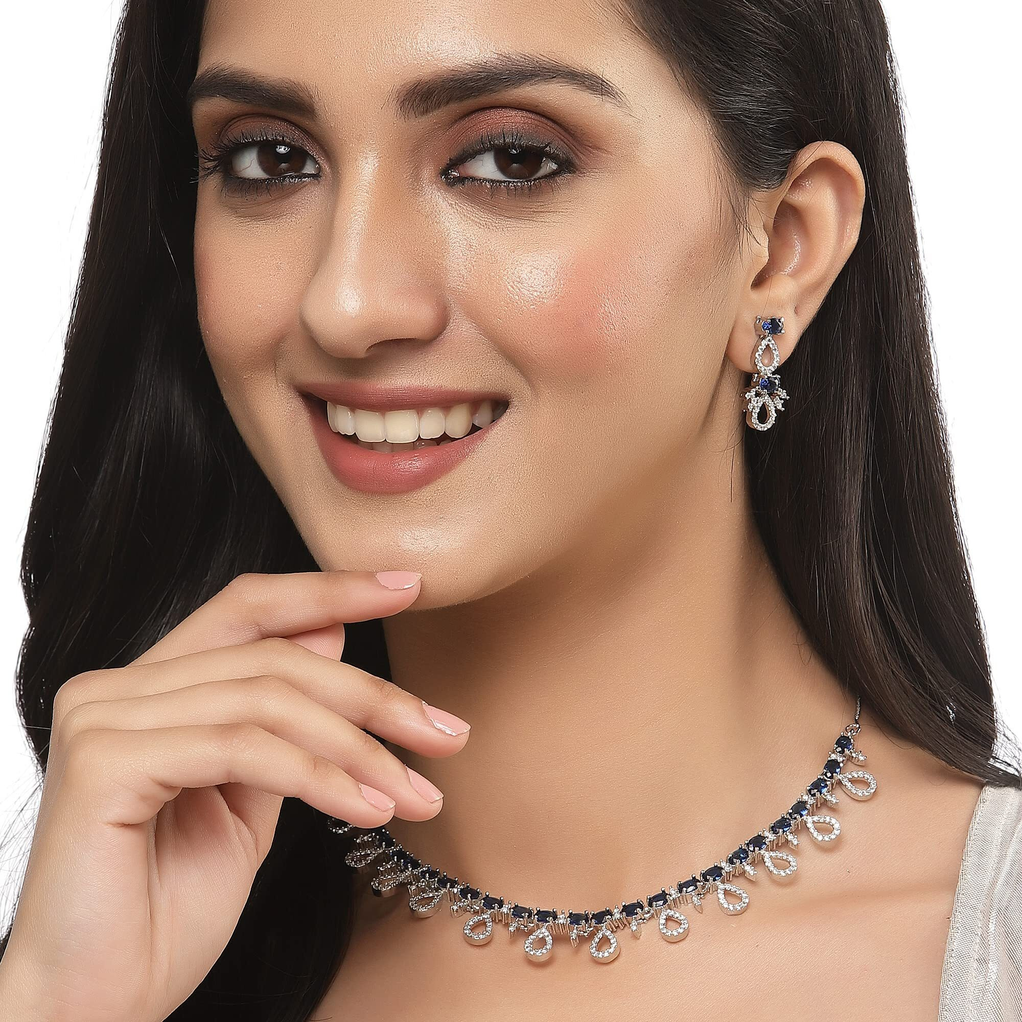 ZENEME Rhodium-Plated Silver Toned American Diamond Studded Necklace with Earrings Jewellery Set for Girls and Women (Blue)