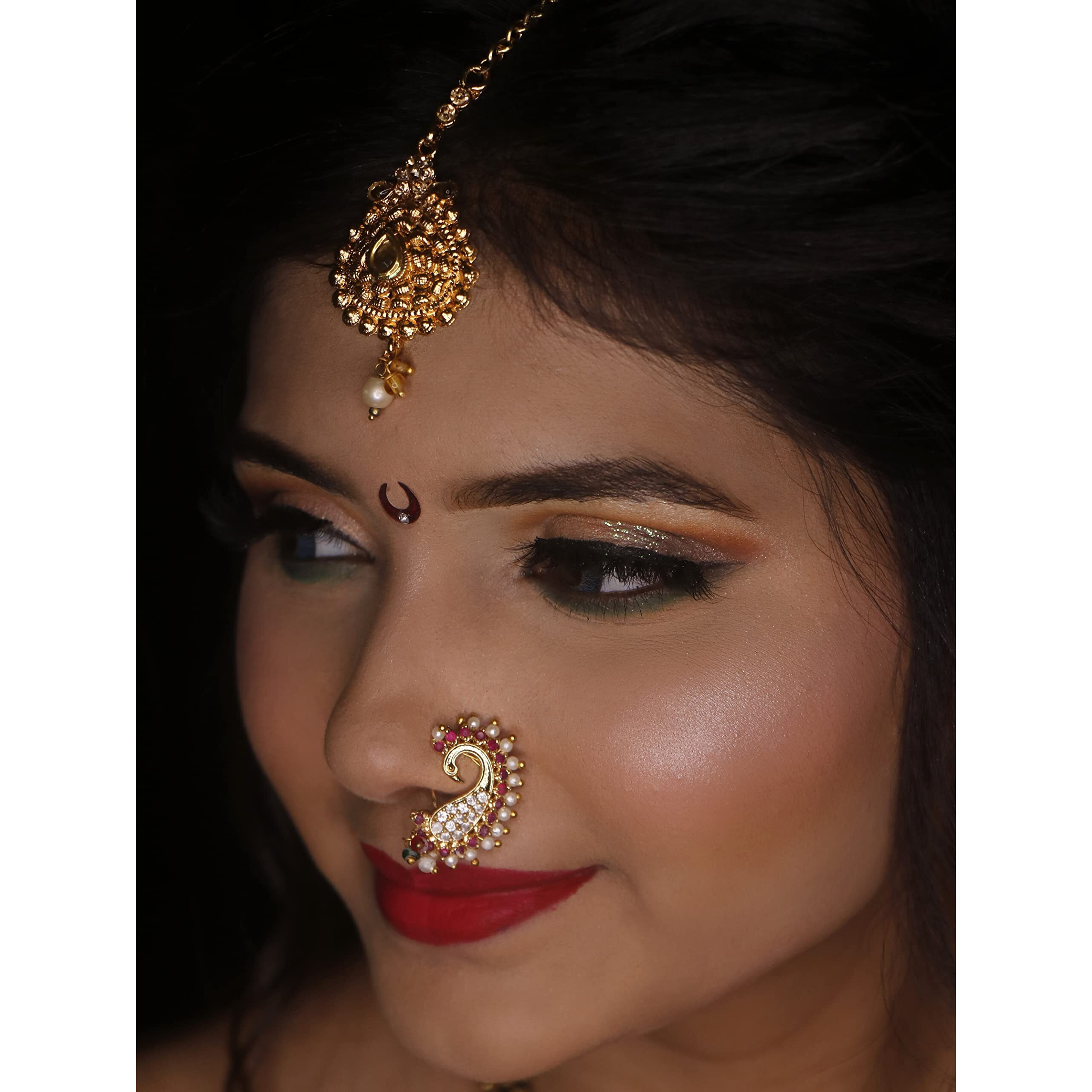 ACCESSHER Gold Plated Traditional American Diamond Embellished Non Piercing/Clip On Peacock Design Maharashtrian Nath/Nose Ring for Women and Girls Pack of 1