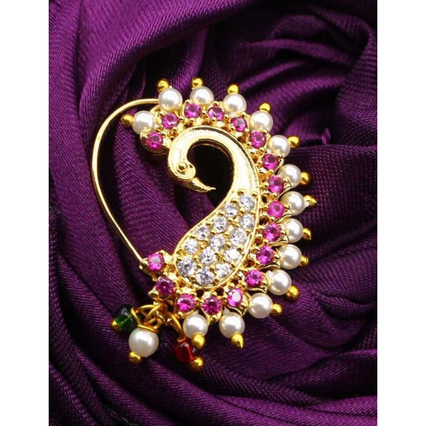ACCESSHER Gold Plated Traditional American Diamond Embellished Non Piercing/Clip On Peacock Design Maharashtrian Nath/Nose Ring for Women and Girls Pack of 1