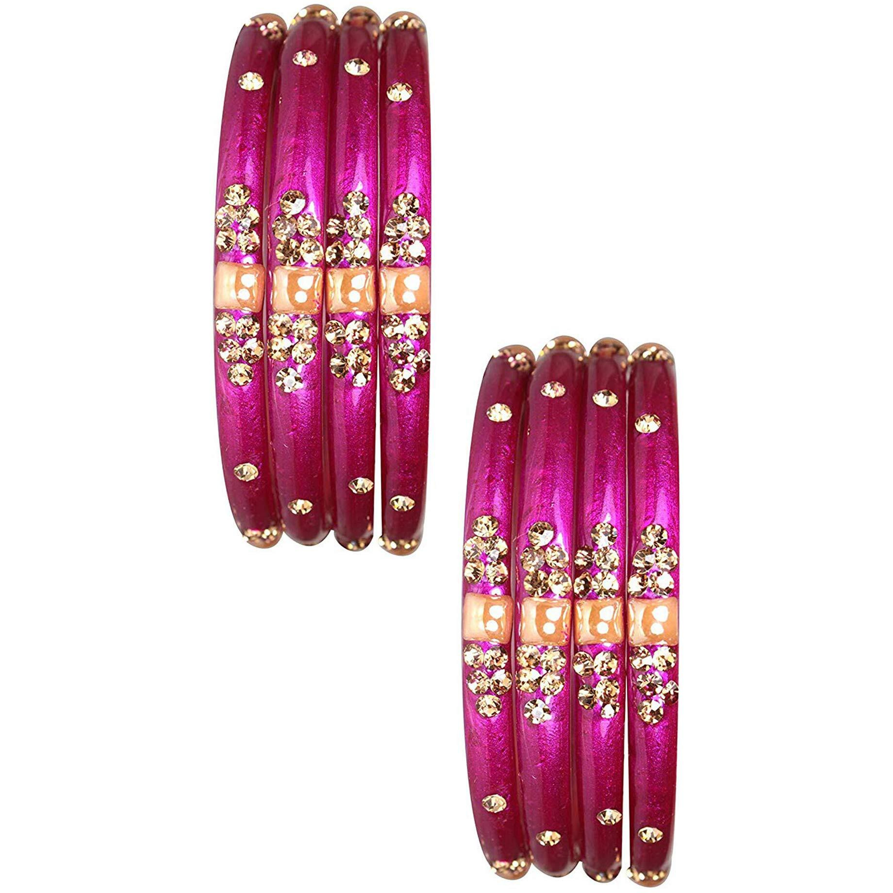 NMII Glass with Zircon Gemstone Or Beads Studded worked Glossy Finished Kada Set For Women and Girls, (Magenta_2.6 Inches), Pack Of 8 Kada Set