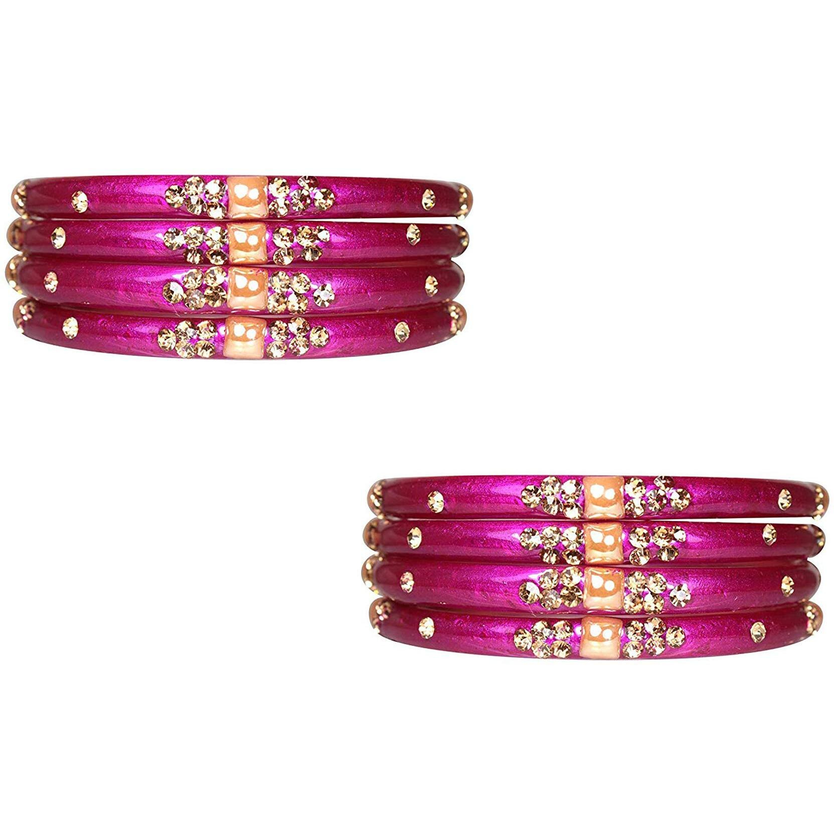 NMII Glass with Zircon Gemstone Or Beads Studded worked Glossy Finished Kada Set For Women and Girls, (Magenta_2.6 Inches), Pack Of 8 Kada Set
