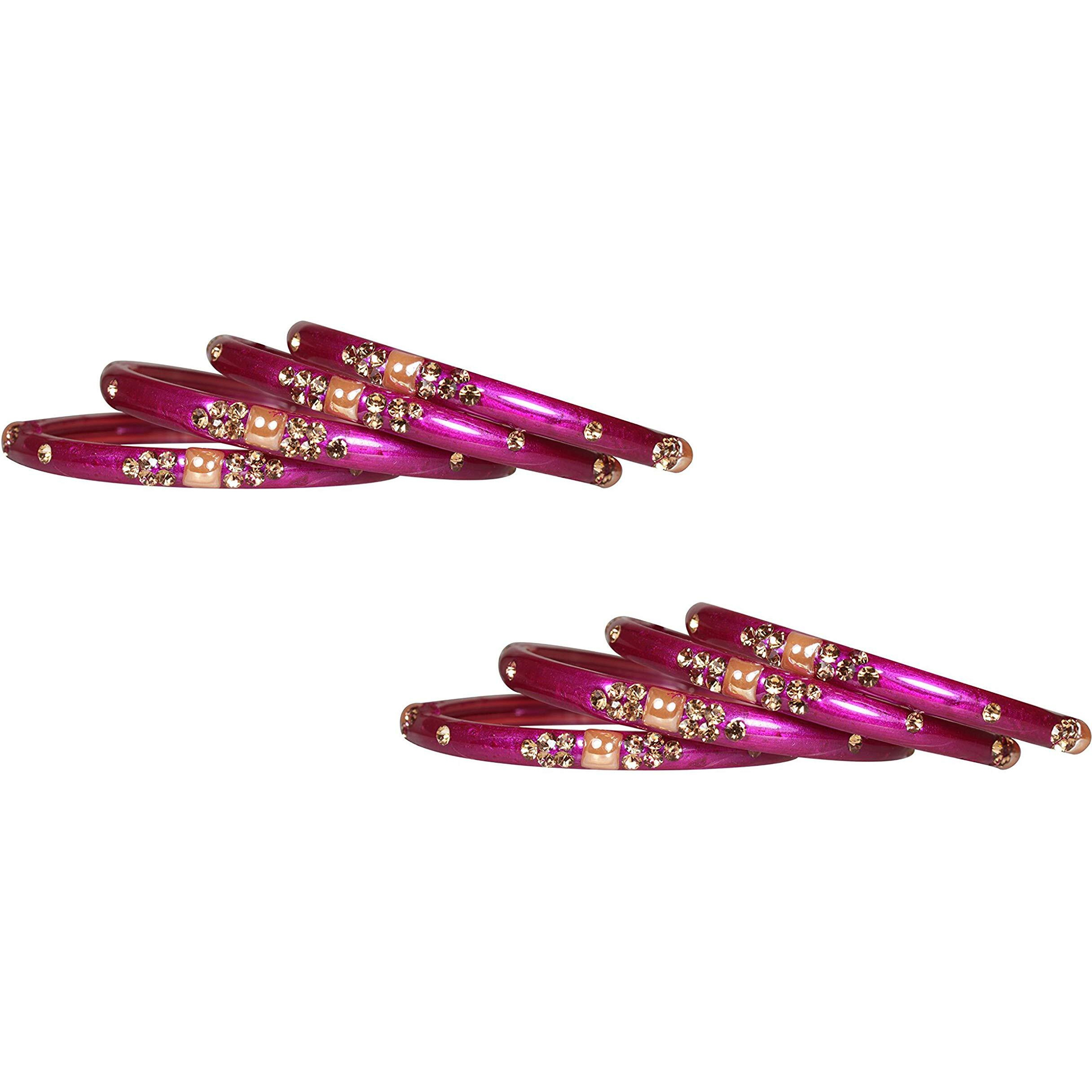 NMII Glass with Zircon Gemstone Or Beads Studded worked Glossy Finished Kada Set For Women and Girls, (Magenta_2.6 Inches), Pack Of 8 Kada Set