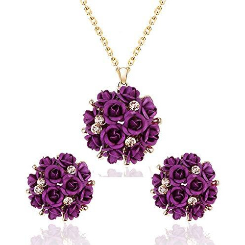 YouBella Jewellery Stylish Gold Plated Floral Necklace Jewellery Set with Earrings and Ring for Women and Girls (Purple)
