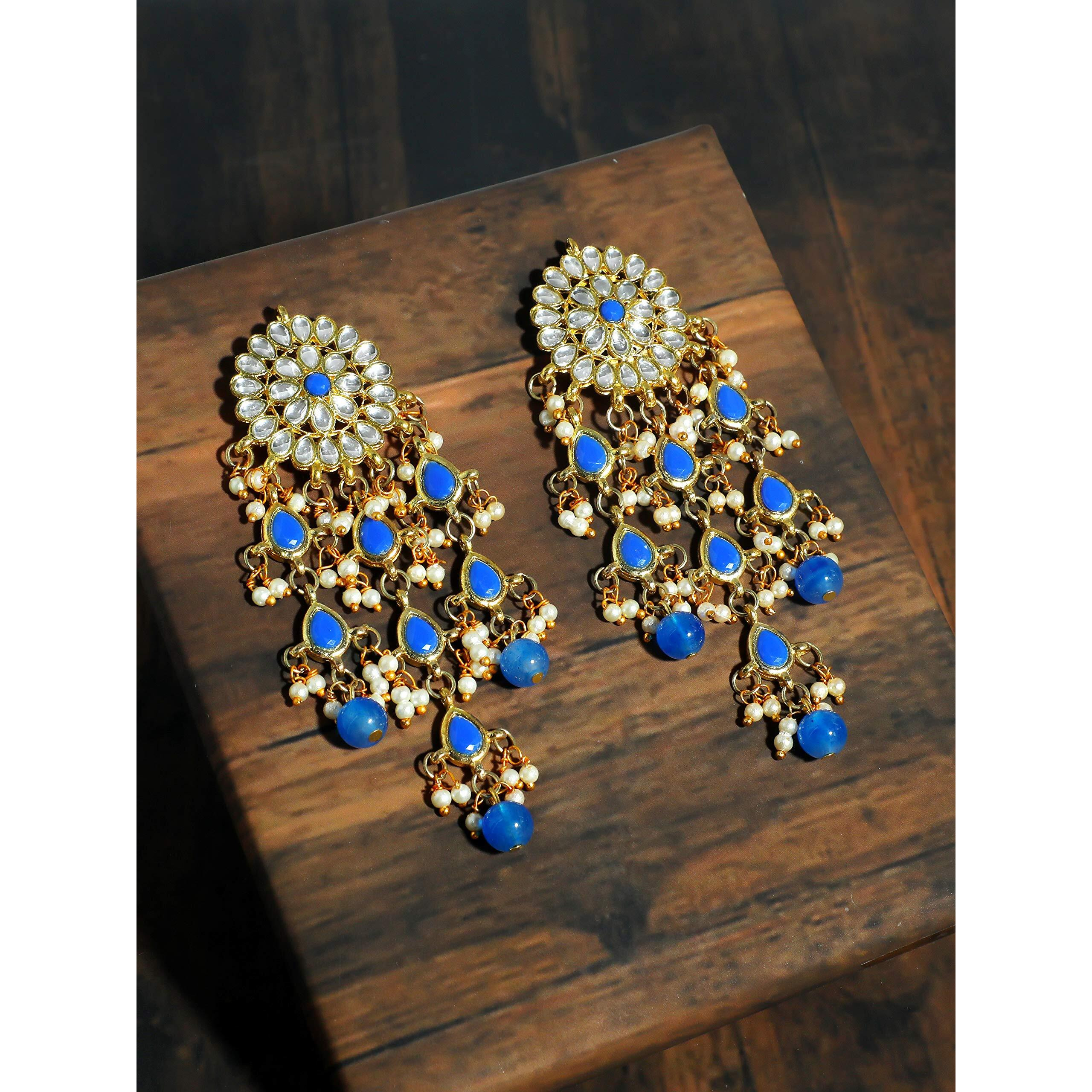 Karatcart Gold Plated Kundan Tassel Earrings for Women (Blue)