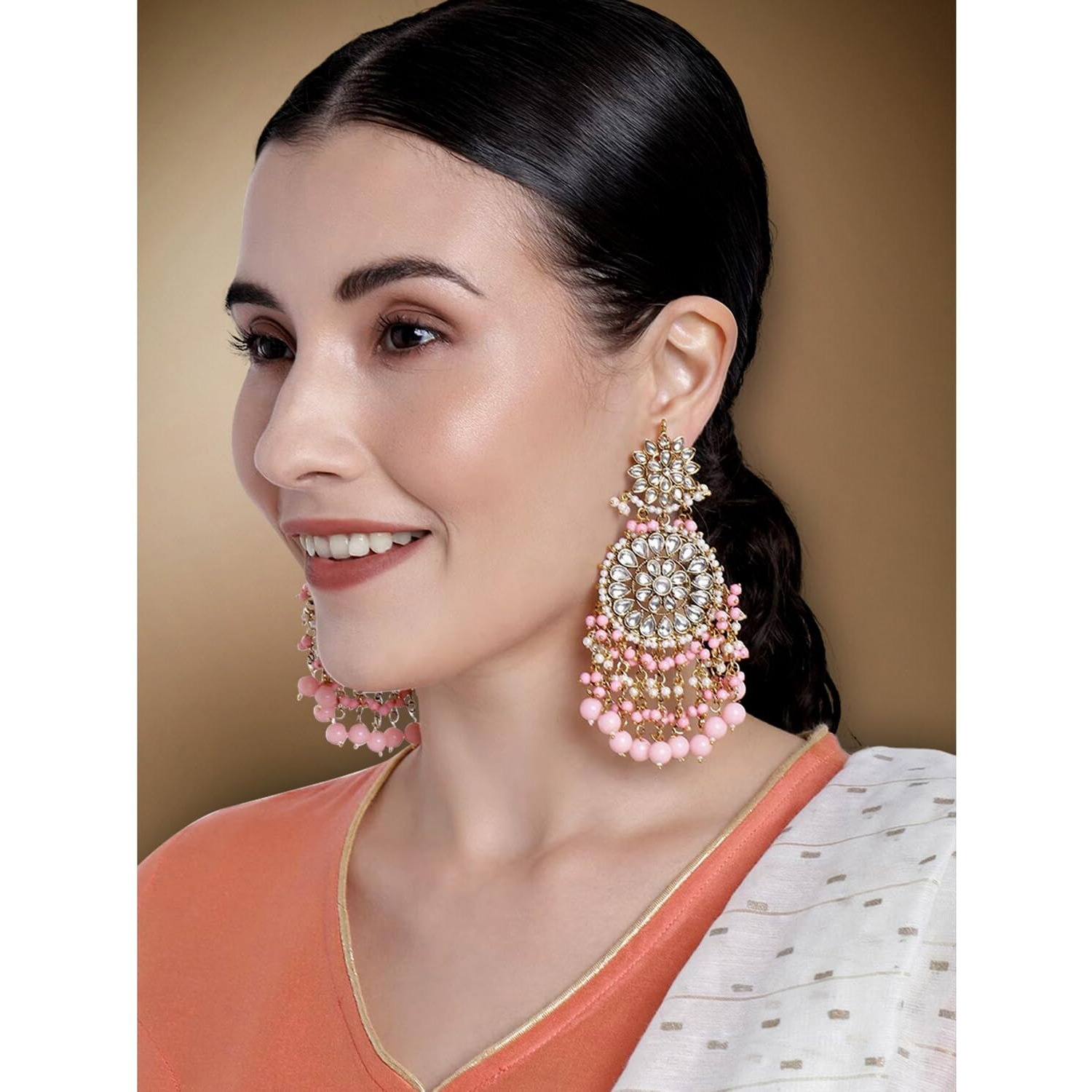 Peora Gold Plated Kundan Pearl Pink Chandbali Long Dangle Earrings Indian Traditional Ethnic Jewellery for Women|Rakhi Rakshabandhan Gift for Sister Bhabhi, Gifts for Women